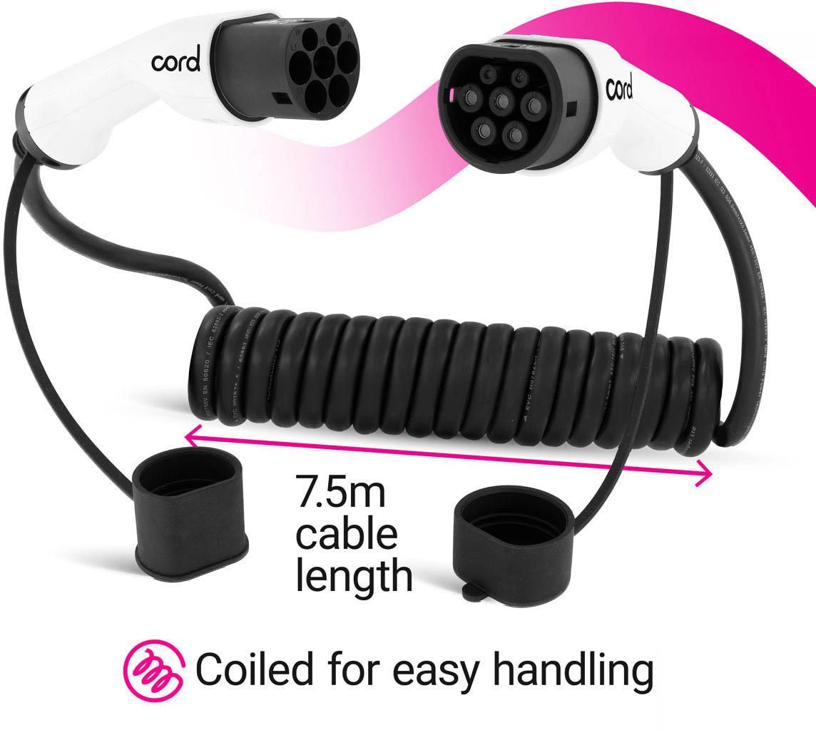 Cord EV Coiled Cable 7.5m - 22kW Three Phase Type 2