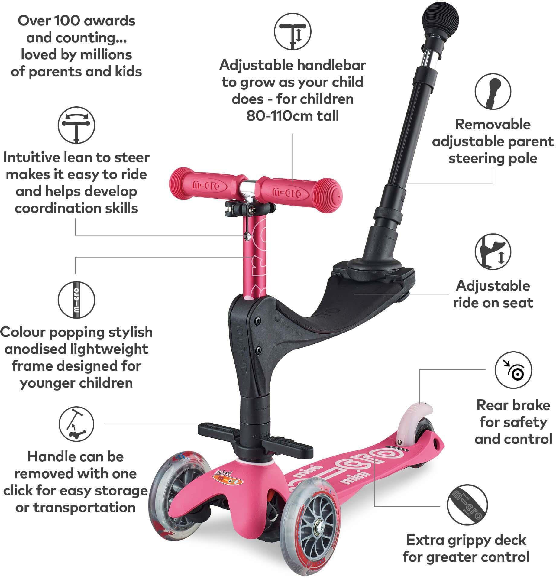 Mini Micro 3in1 Deluxe Plus Pink Kids Scooter