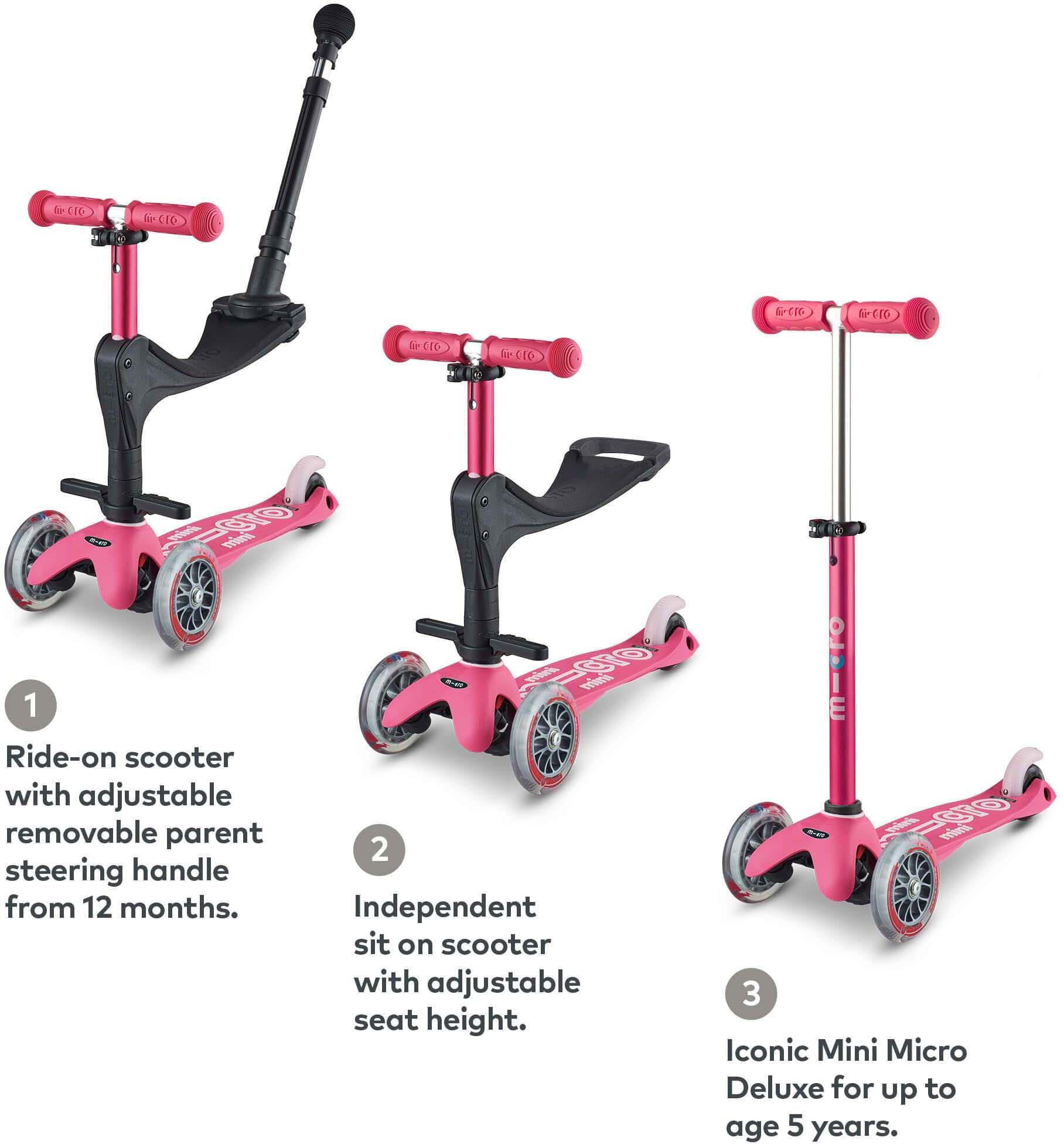 Mini Micro 3in1 Deluxe Plus Pink Kids Scooter
